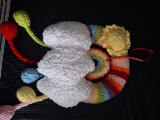 Rainbow and clouds wreath knitted