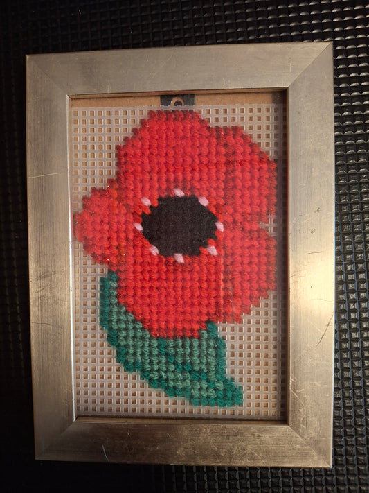 Poppy design  cross stitched  in picture frame