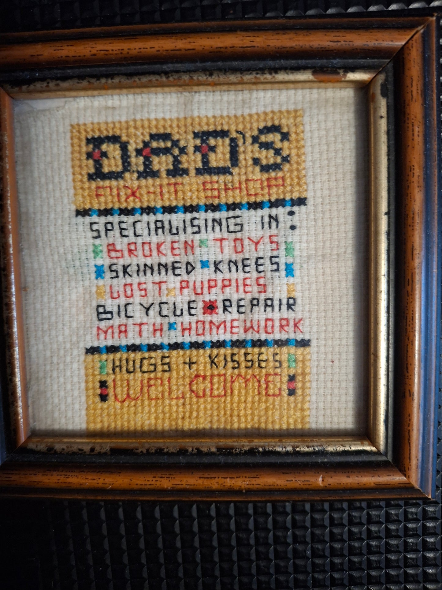 Dad's special message  cross stitched design in a wooden frame